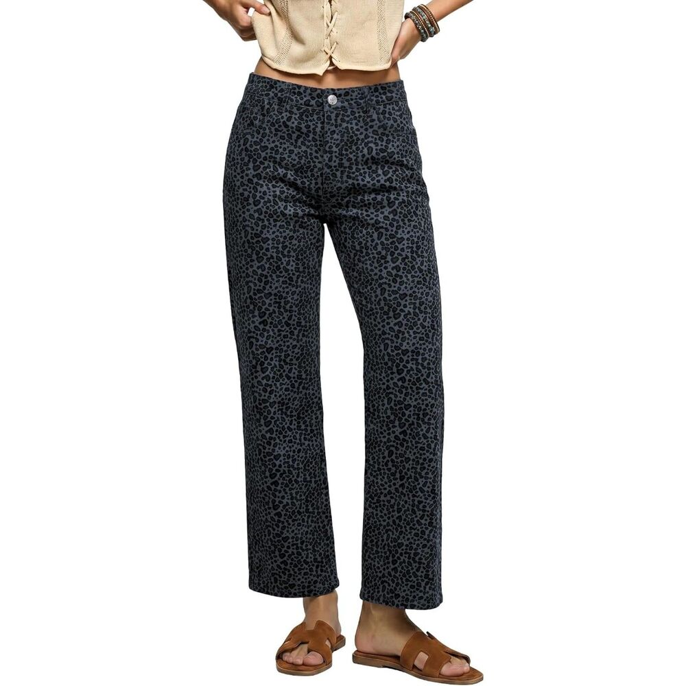 NWT luvamia Wide Leg Jeans for Women Leopard Cheetah Print Ankle Denim Pants